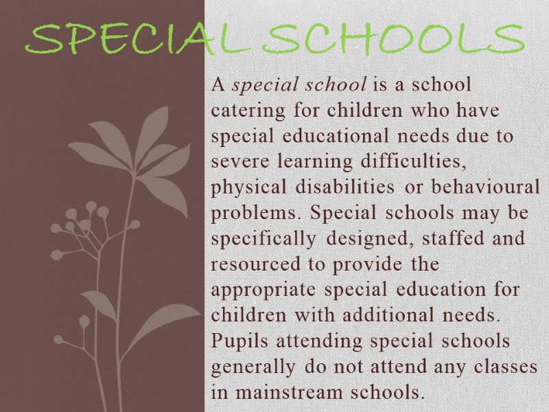 A special school is a school catering for children who have special educational needs